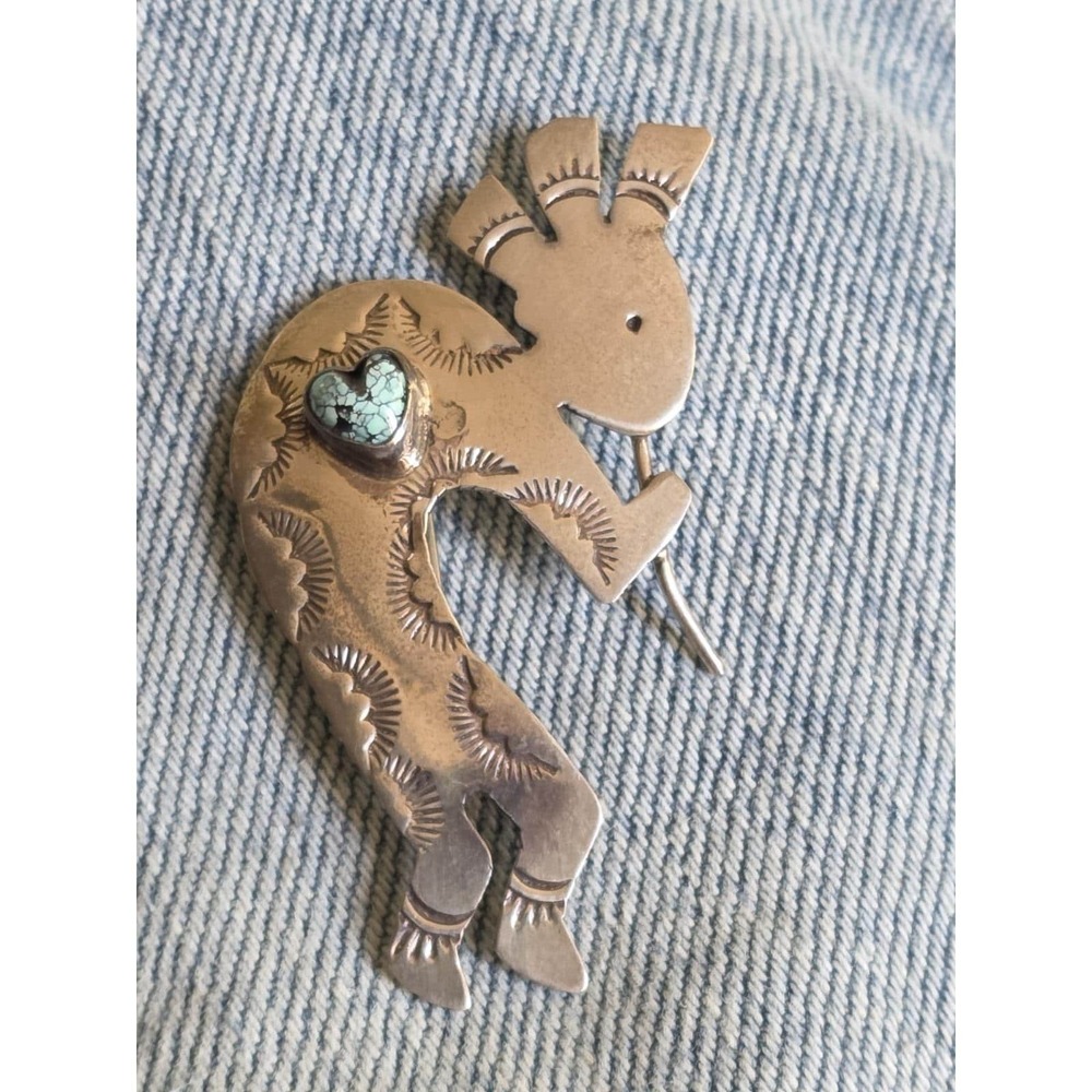 J. B. Platero Kokopelli Sterling Silver Turquoise Heart Brooch Native American